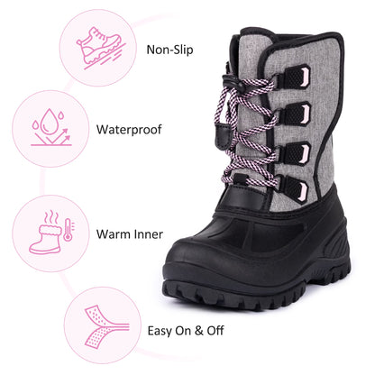 NIPAXO Girls Snow Boots Waterproof Winter Boots Grey Quilted Fabric Upper Pink Speckled Bungee Lacing Outdoor Winter Boots for Kids