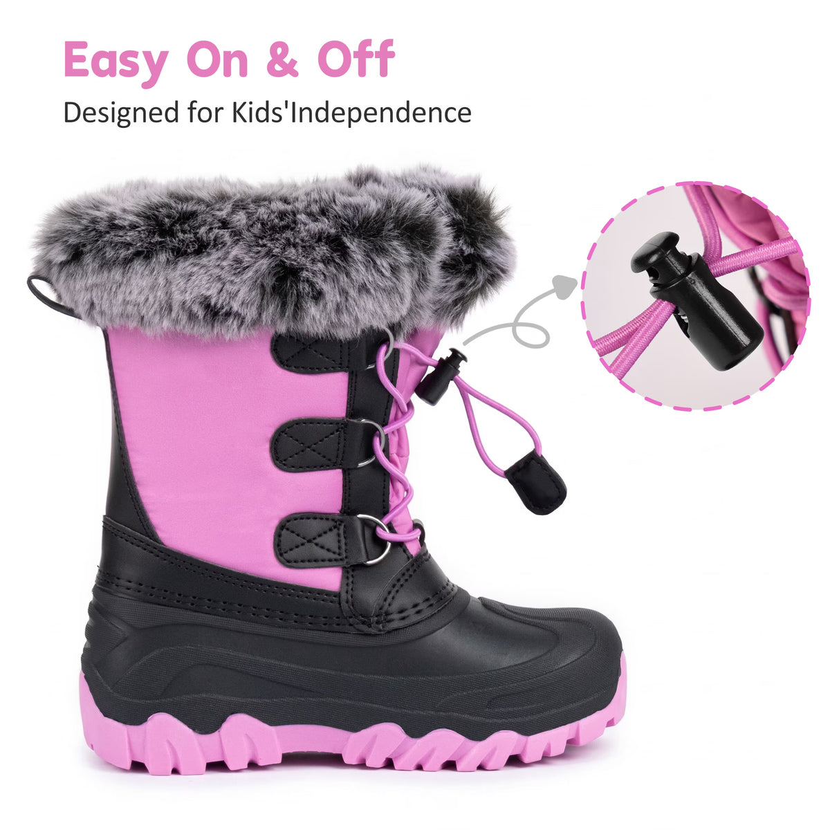 NIPAXO Girls Snow Boots Waterproof Winter Boots Hot Pink and Black Faux Fur Pom-Pom Collar Bungee Lacing Outdoor Winter Boots for Kids