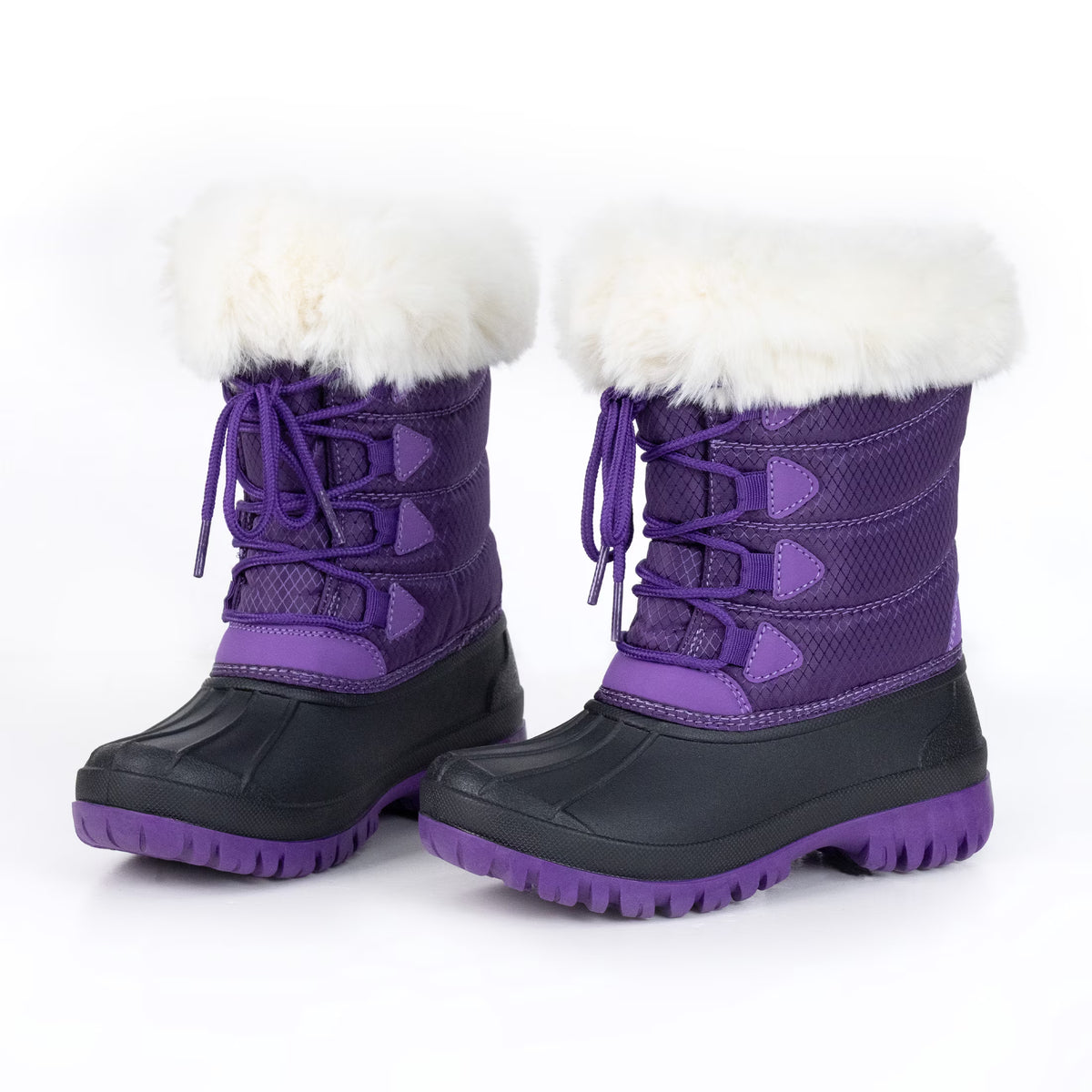 NIPAXO Kids Snow Boots Waterproof Purple and Black White Faux Fur Collar Classic Lace-Up Winter Boots for Boys Girls