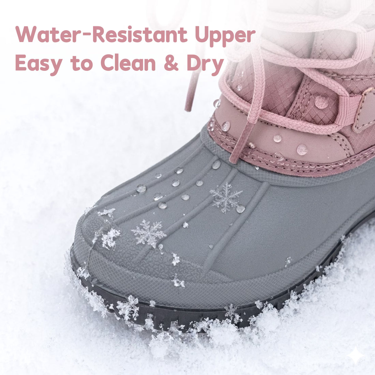 NIPAXO Girls Snow Boots Waterproof Dusty Pink and Grey White Faux Fur Collar Classic Lace-Up Winter Boots for Girls