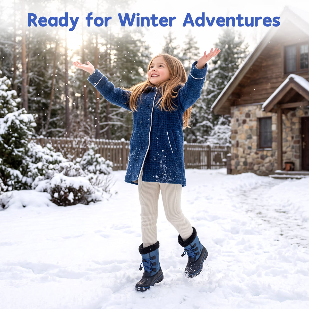 NIPAXO Kids Snow Boots Waterproof Winter Boots Blue Fabric Upper Faux Fur Cuff Slip Resistant Outdoor Winter Boots for Boys Girls