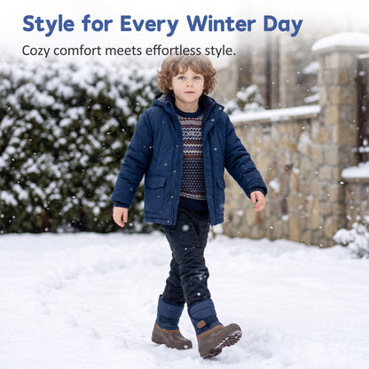 NIPAXO Kids Snow Boots Waterproof Winter Boots Blue and Brown Faux Fur Lined Hook and Loop Cold Weather Outdoor Shoes for Boys Girls