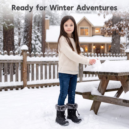 NIPAXO Kids Snow Boots Waterproof Winter Boots All Black Faux Fur Collar Bungee Lacing Outdoor Cold Weather Winter Boots for Boys Girls