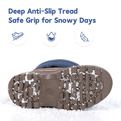 NIPAXO Kids Snow Boots Waterproof Winter Boots Blue and Brown Faux Fur Lined Hook and Loop Cold Weather Outdoor Shoes for Boys Girls