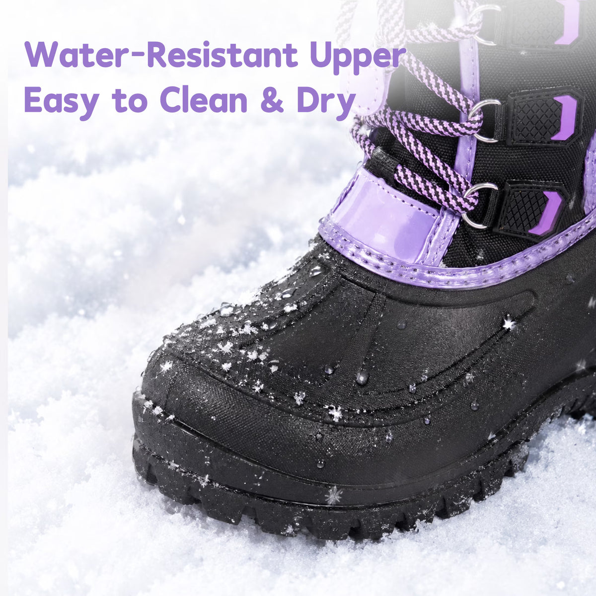 NIPAXO Girls Snow Boots Waterproof Winter Boots Black and Purple Quilted Fabric Upper Bungee Lacing Outdoor Winter Boots for Kids