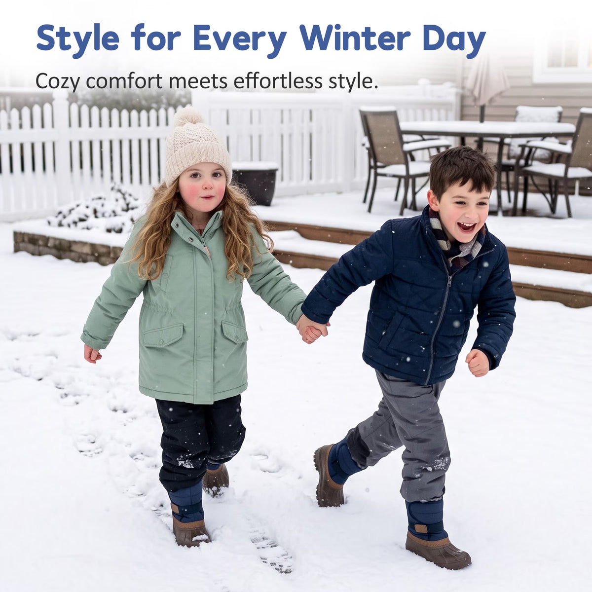 NIPAXO Kids Snow Boots Waterproof Winter Boots Blue and Brown Faux Fur Lined Hook and Loop Cold Weather Outdoor Shoes for Boys Girls