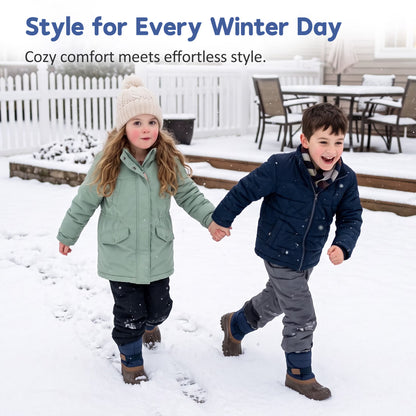 NIPAXO Kids Snow Boots Waterproof Winter Boots Blue and Brown Faux Fur Lined Hook and Loop Cold Weather Outdoor Shoes for Boys Girls