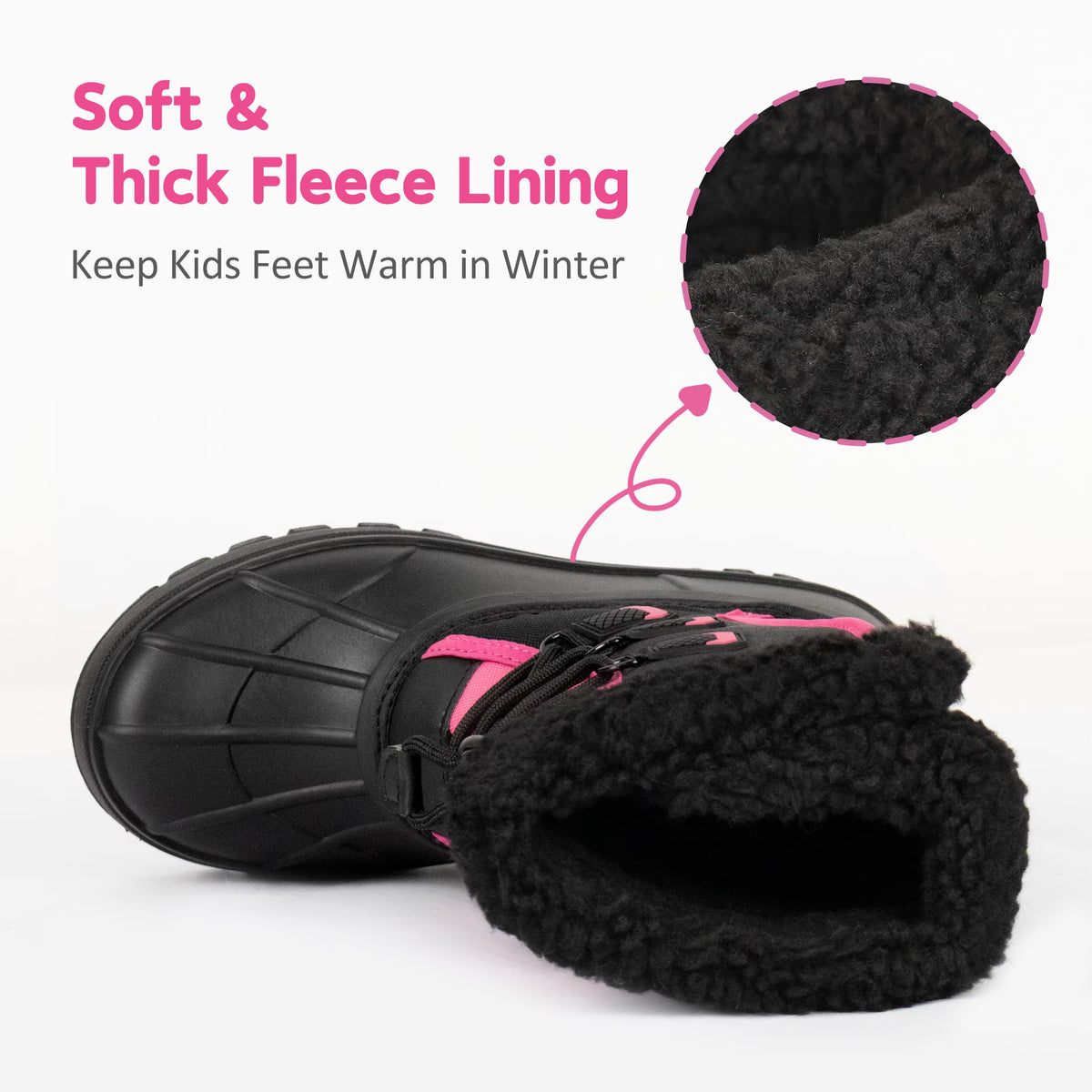 NIPAXO Girls Snow Boots Waterproof Winter Boots Black and Hot Pink Colorblock Faux Fur Trim Outdoor Winter Boots for Kids