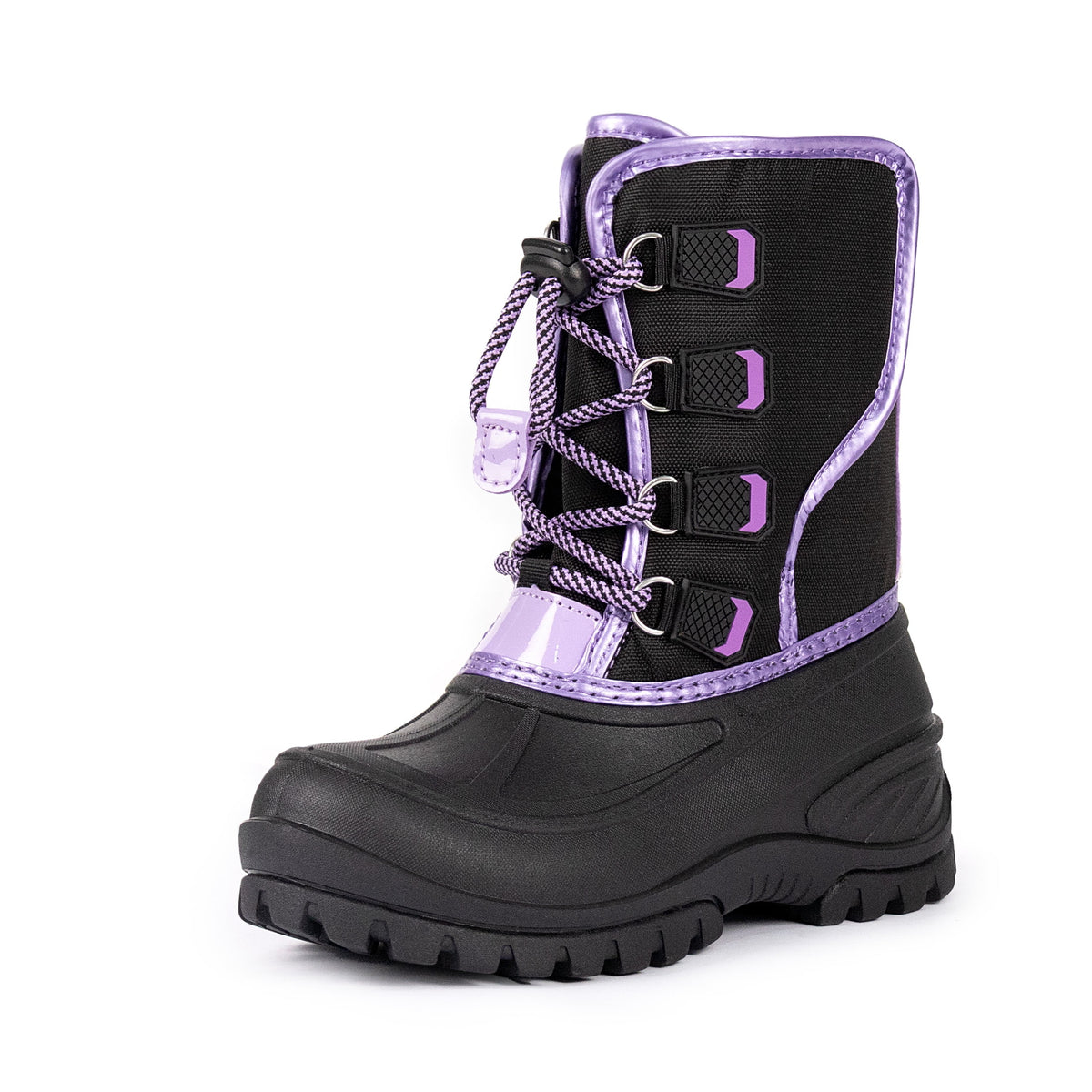 NIPAXO Girls Snow Boots Waterproof Winter Boots Black and Purple Quilted Fabric Upper Bungee Lacing Outdoor Winter Boots for Kids