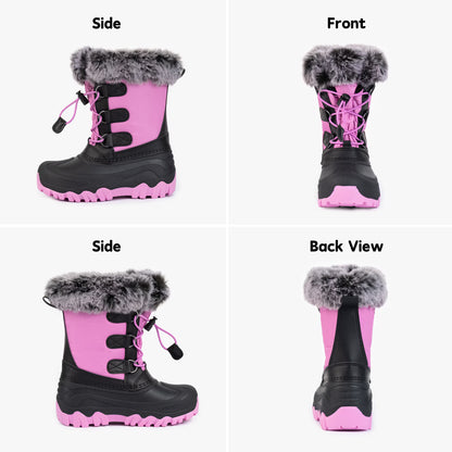 NIPAXO Girls Snow Boots Waterproof Winter Boots Hot Pink and Black Faux Fur Pom-Pom Collar Bungee Lacing Outdoor Winter Boots for Kids