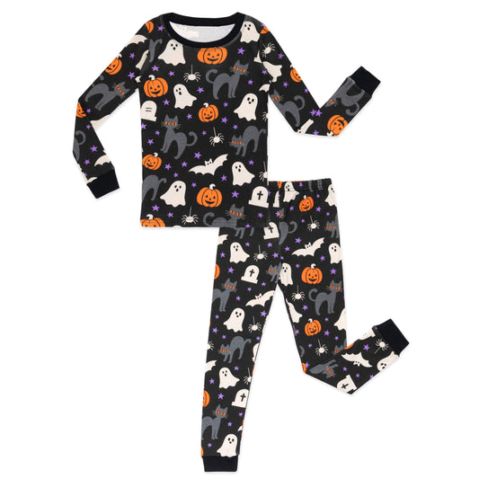 NIPAXO Toddler Boys Halloween Pajamas Black Cotton Spooky Ghost Cat Sleepwear Set Long Sleeve Ribbed Outfits for Kids