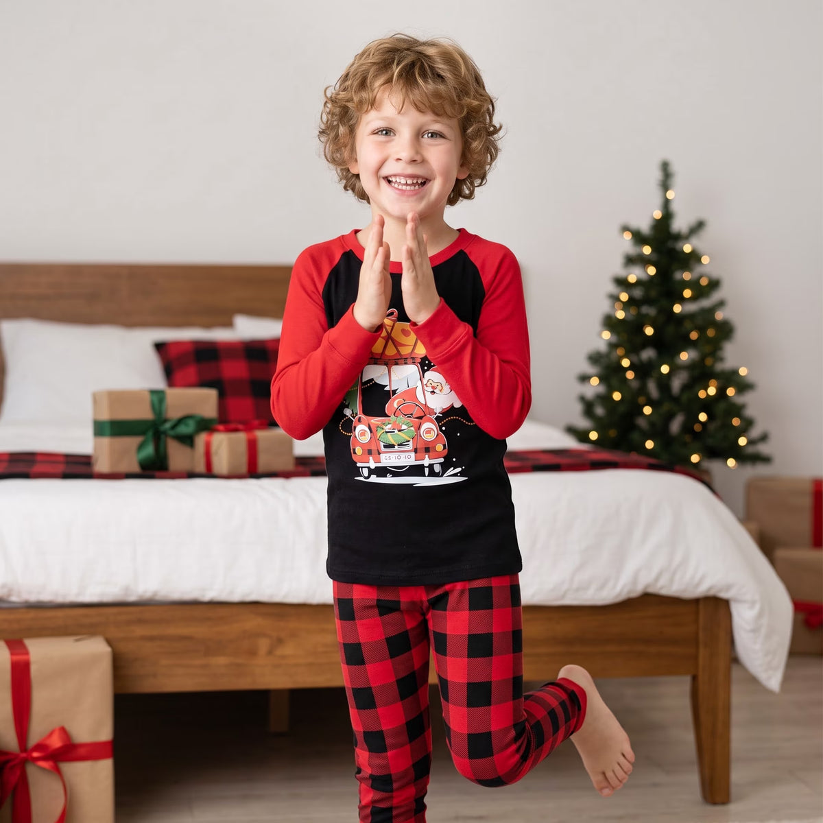 NIPAXO Kids Christmas Pajamas Set Long Sleeve Santa Driving Car & Buffalo Plaid Buffalo Sleepwear with Red Trim for Toddler Boys Girls