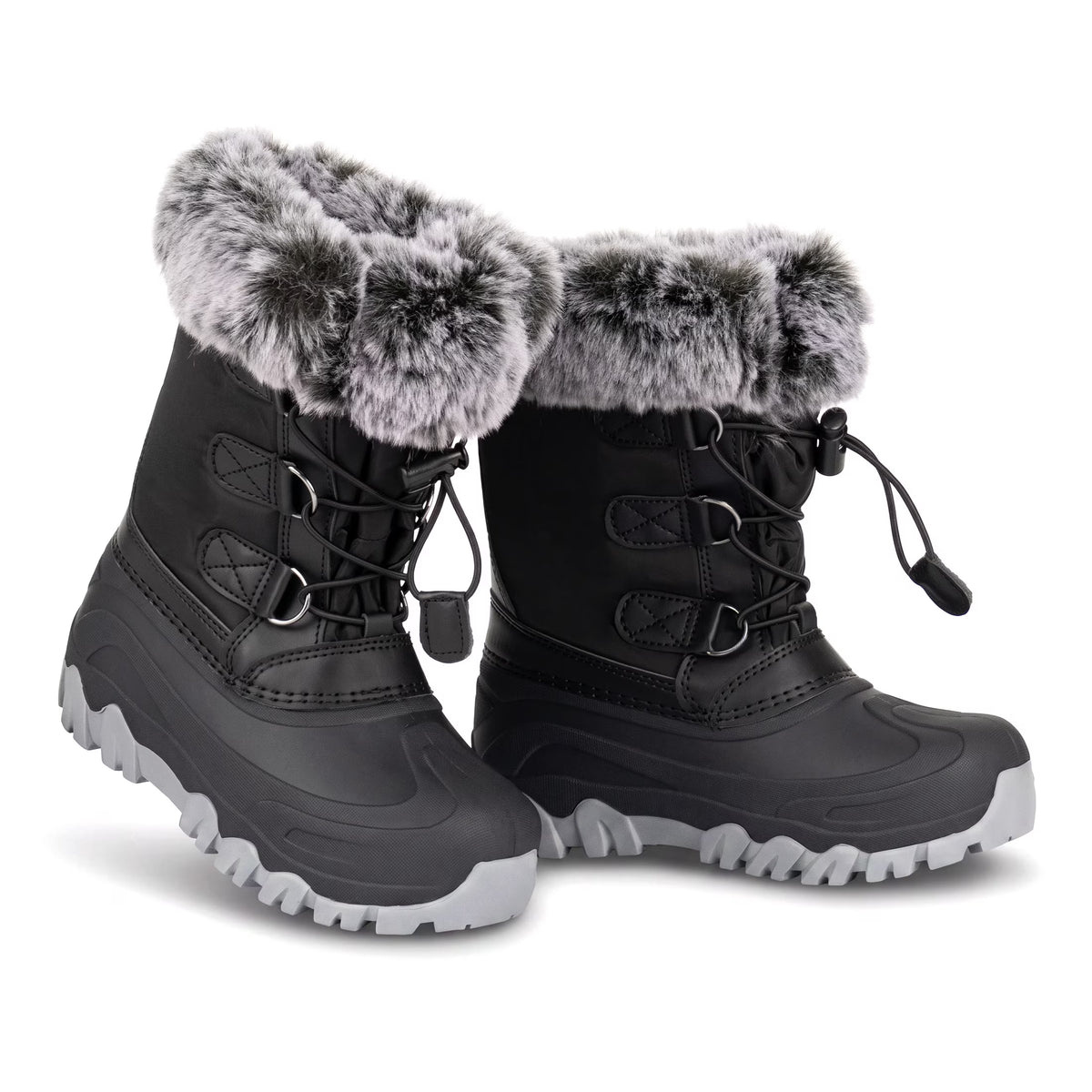 NIPAXO Kids Snow Boots Waterproof Winter Boots All Black Faux Fur Collar Bungee Lacing Outdoor Cold Weather Winter Boots for Boys Girls
