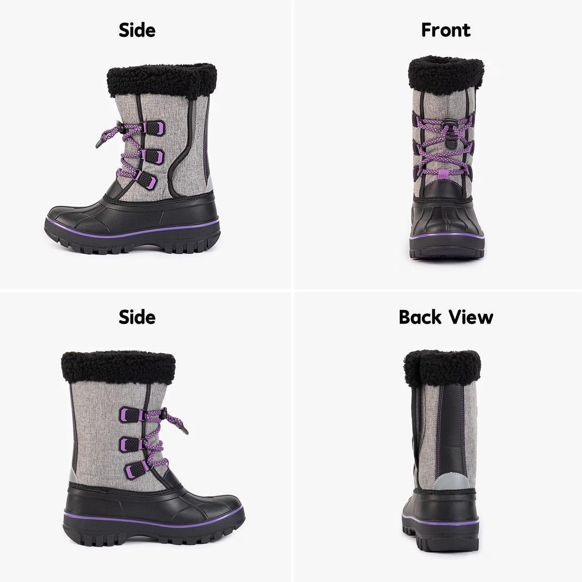 NIPAXO Kids Snow Boots Waterproof Winter Boots Grey and Black Purple Accents Sherpa Collar Bungee Lacing Outdoor Cold Weather Winter Boots for Boys Girls