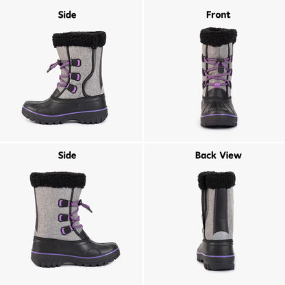 NIPAXO Kids Snow Boots Waterproof Winter Boots Grey and Black Purple Accents Sherpa Collar Bungee Lacing Outdoor Cold Weather Winter Boots for Boys Girls