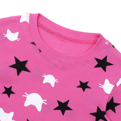 NIPAXO Girls Pajamas Set Long Sleeve Cat Face and Star Print Thermal Top and Matching Pants Sleepwear for Kids