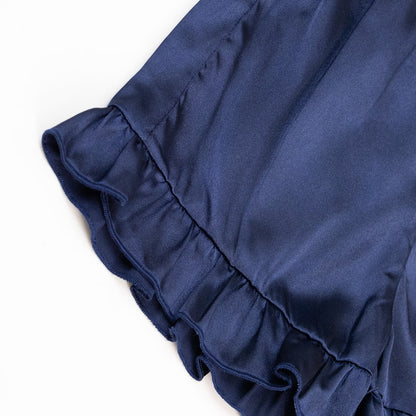 NIPAXO Girls Pajamas Set Short Sleeve Button-Down Solid Navy Blue Ruffle Shorts Satin Sleepwear for Kids