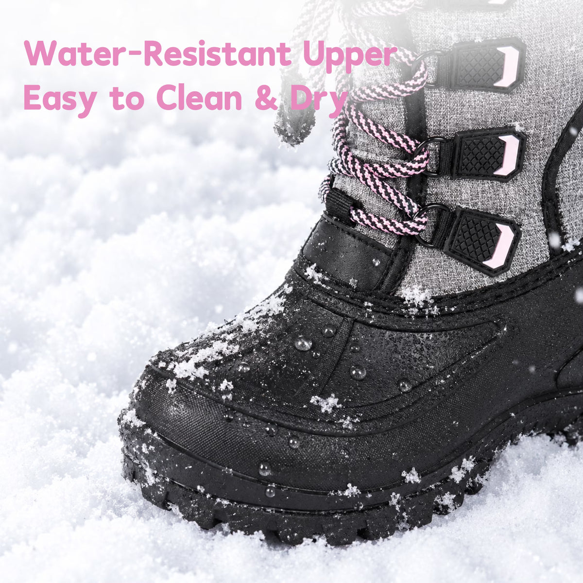 NIPAXO Girls Snow Boots Waterproof Winter Boots Grey Quilted Fabric Upper Pink Speckled Bungee Lacing Outdoor Winter Boots for Kids