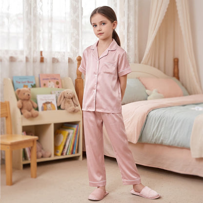 NIPAXO Girls Pajamas Set Short Sleeve Button-Down Silk Satin Sleepwear with White Piping for Toddler and Kids