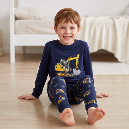 NIPAXO Toddler Boys Pajamas Set Long Sleeve Yellow Excavator Graphic Thermal Sleepwear with Ribbed Cuffs