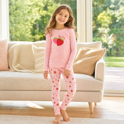 NIPAXO Girls Pajamas Set Long Sleeve Cute Strawberry Print Casual Sleepwear with Pink Base for Toddler Little Girls