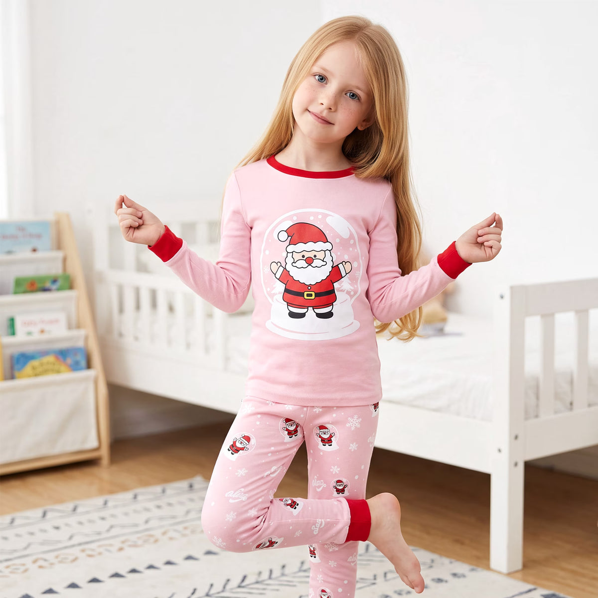 NIPAXO Girls Christmas Pajamas Set Long Sleeve Snow Globe Santa Graphic Top and Matching Print Pants Sleepwear for Kids