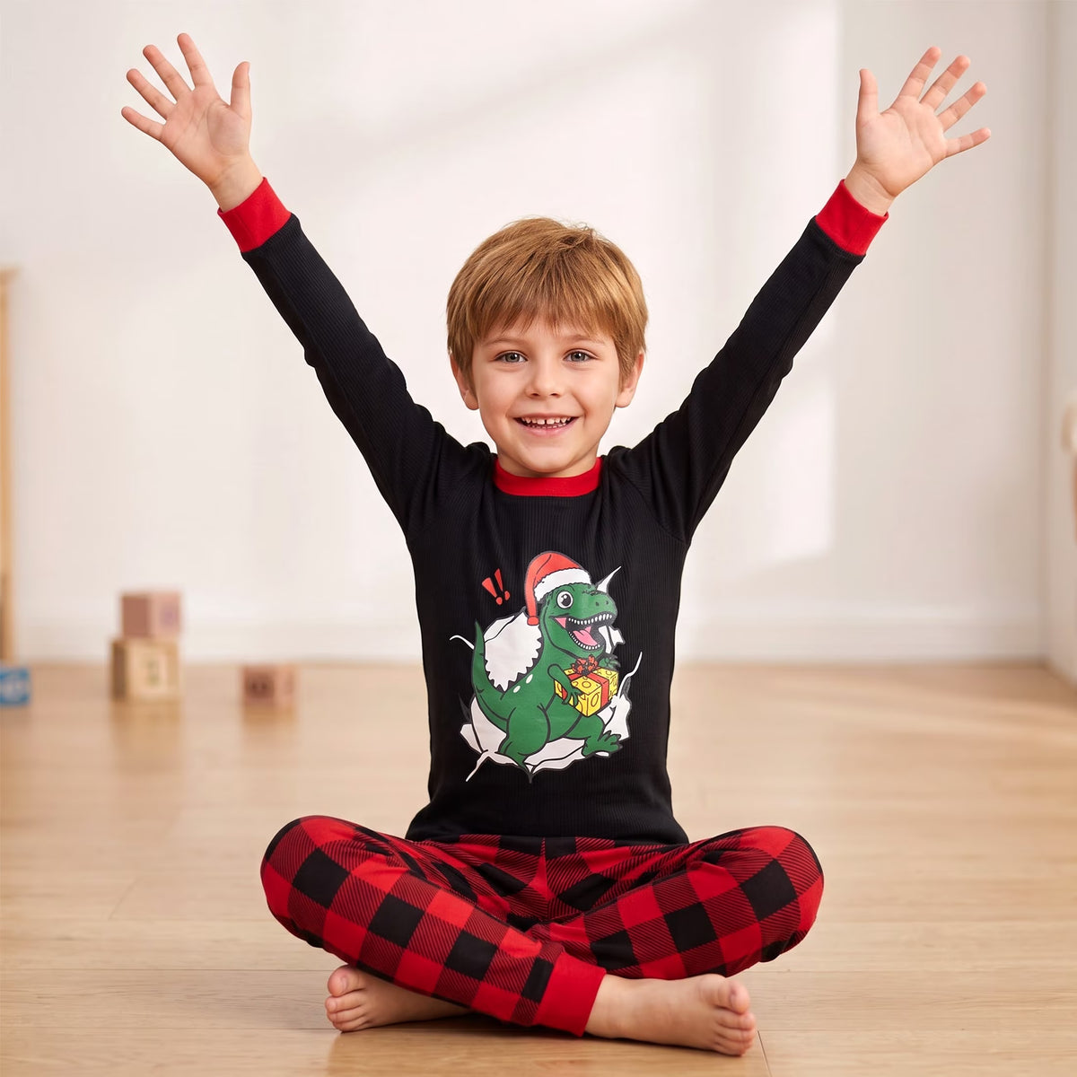 NIPAXO Kids Christmas Pajamas Set Long Sleeve Dinosaur Graphic Top and Red Buffalo Plaid Pants Holiday Sleepwear for Girls Boys