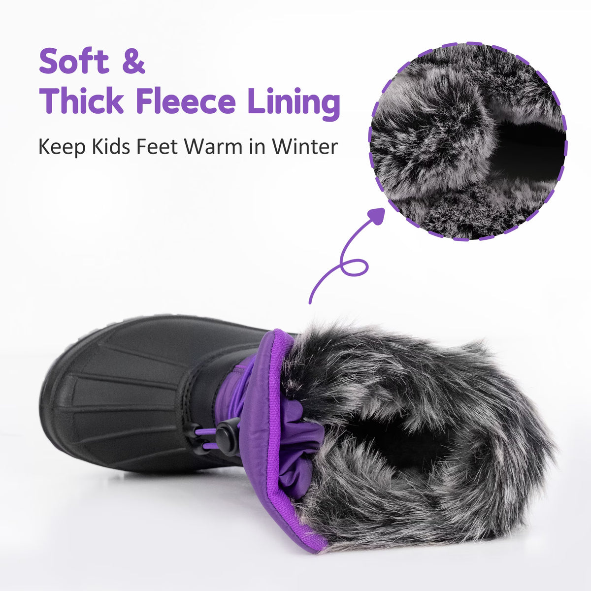 NIPAXO Kids Snow Boots Waterproof Winter Boots Purple and Black Faux Fur Cuff Bungee Lacing Cold Weather Outdoor Shoes for Boys Girls