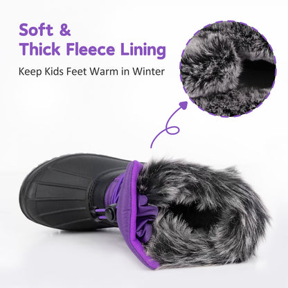 NIPAXO Kids Snow Boots Waterproof Winter Boots Purple and Black Faux Fur Cuff Bungee Lacing Cold Weather Outdoor Shoes for Boys Girls