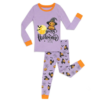 NIPAXO Halloween Girls Pajamas Set Pumpkin & Skull Graphic Long Sleeve Cotton Sleepwear for Kids