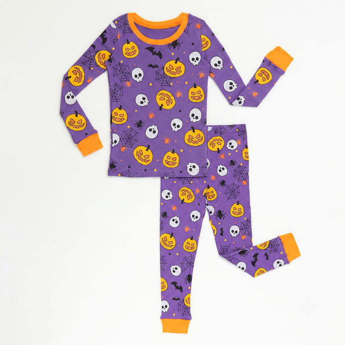 NIPAXO Halloween Girls Pajamas Set Pumpkin & Skull Graphic Long Sleeve Cotton Sleepwear for Kids