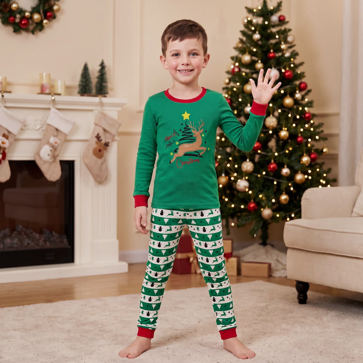 NIPAXO Kids Christmas Pajamas Set Long Sleeve Embroidered Reindeer & "Merry Christmas" Graphic Holiday Sleepwear with Fair Isle Stripe Pants for Boys and Girls