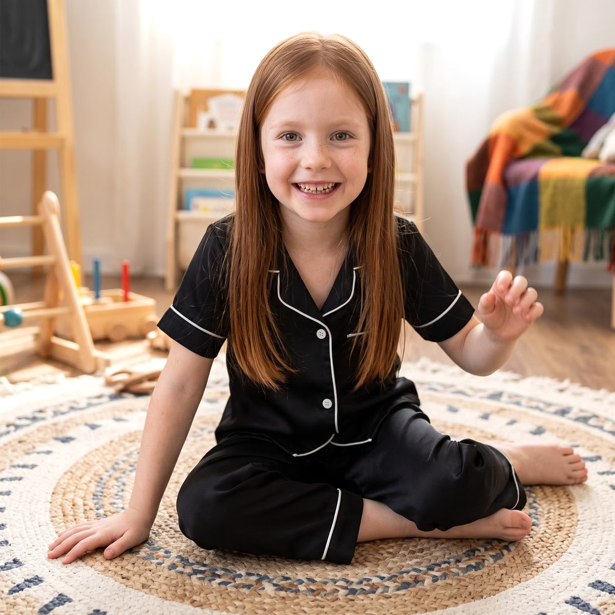 NIPAXO Girls Pajamas Set Short Sleeve Button-Down Solid Black Piping Long Pants Sleepwear Satin for Kids