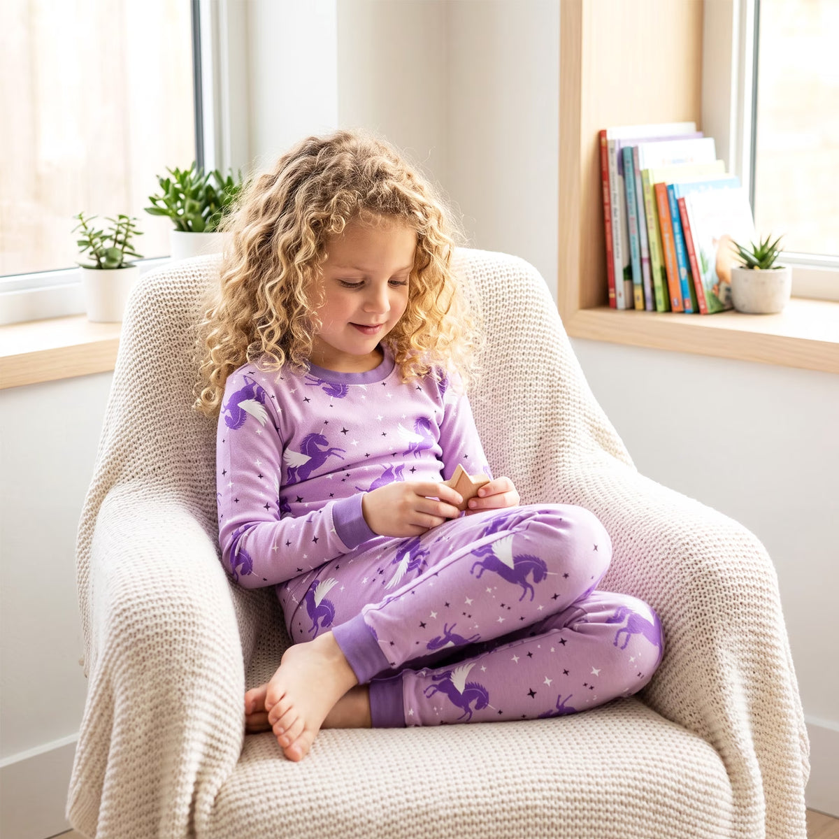 NIPAXO Girls Pajamas Set Long Sleeve Magical Unicorn Star Print Casual Sleepwear with Purple Trim for Toddler Little Girls