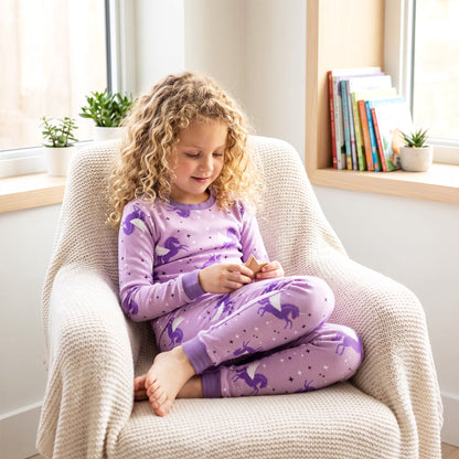 NIPAXO Girls Pajamas Set Long Sleeve Magical Unicorn Star Print Casual Sleepwear with Purple Trim for Toddler Little Girls