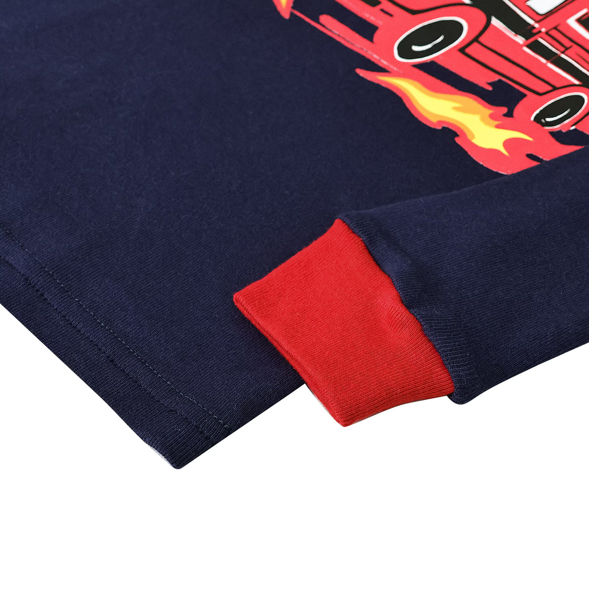 NIPAXO Toddler Boys Pajamas Set Long Sleeve "HERO" Fire Truck Graphic Thermal Firefighter Sleepwear with Red Cuffs