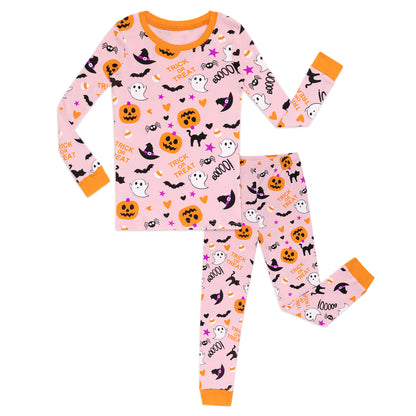 NIPAXO Halloween Girls Pajamas Set Pumpkin & Ghost Graphic Long Sleeve Cotton Sleepwear for Kids