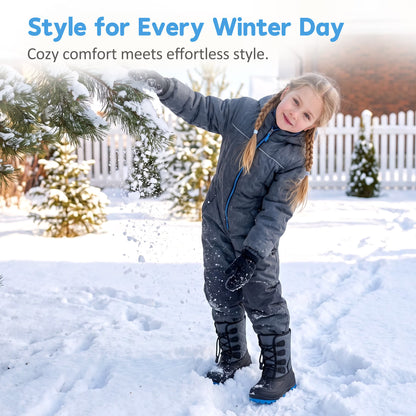 NIPAXO Kids Snow Boots Waterproof Winter Boots Grey and Black Blue Outsole Bungee Lacing Outdoor Cold Weather Shoes for Boys Girls