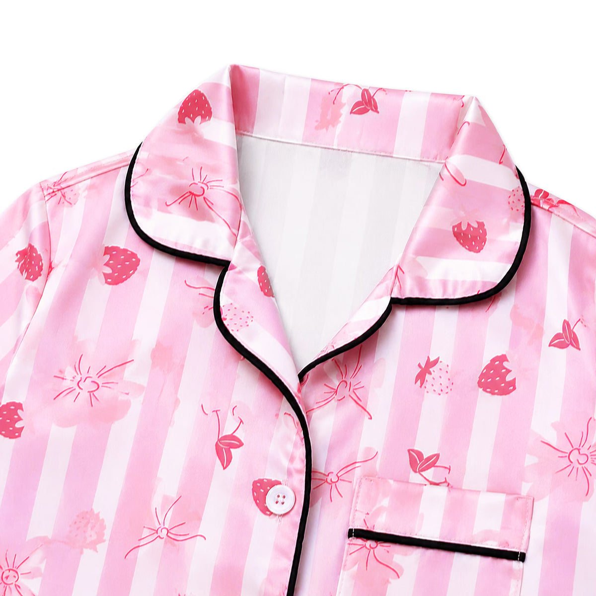 NIPAXO Girls Pajamas Set Long Sleeve Button-Down Pink Stripe Strawberry Bow Print Long Pants Satin Sleepwear for Kids