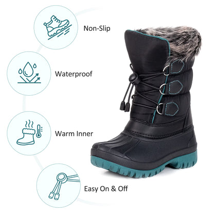 NIPAXO Kids Winter Snow Boots Black and Teal Colorblock Bungee Lacing Waterproof Outdoor Shoes for Boys Girls