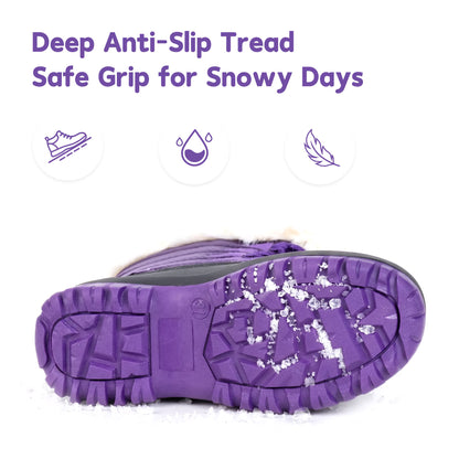 NIPAXO Kids Snow Boots Waterproof Purple and Black White Faux Fur Collar Classic Lace-Up Winter Boots for Boys Girls