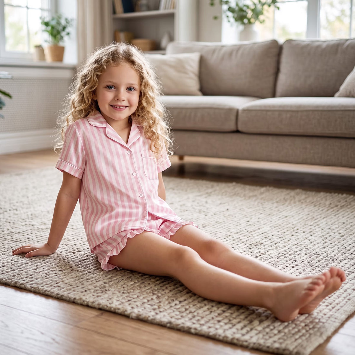NIPAXO Girls Pajamas Set Short Sleeve Button-Down Pink White Striped Ruffle Shorts Sleepwear Satin for Kids