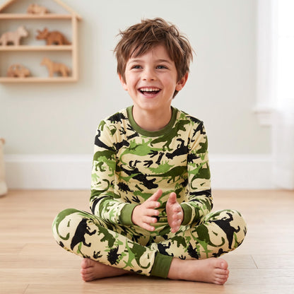 NIPAXO Boys Pajamas Set Long Sleeve Dinosaur Camo Print Thermal Top and Matching Pants Sleepwear for Kids