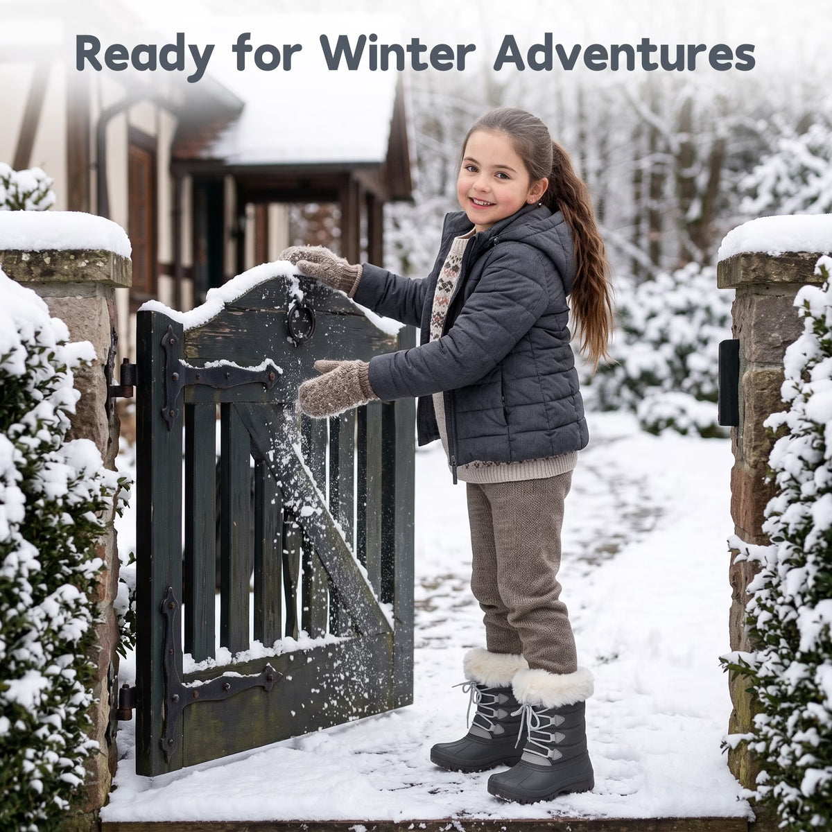 NIPAXO Kids Snow Boots Waterproof Winter Boots Grey Rubber Shell White Faux Fur Collar Classic Lace-Up Winter Boots for Boys Girls