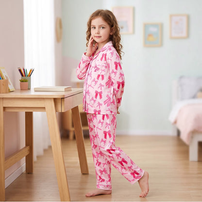 NIPAXO Girls Pajamas Set Long Sleeve Button-Down Top and Pants Silk Satin with Cute Pink Bows Print Sleepwear for Kids