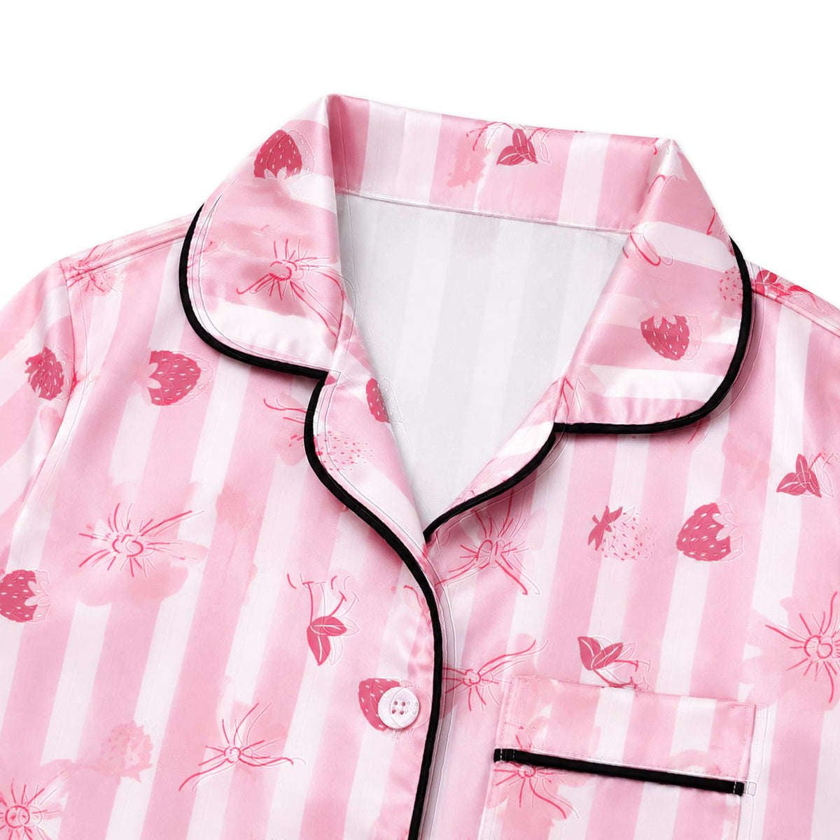 NIPAXO Girls Satin Pajamas Set Short Sleeve Button-Down Pink Stripe Strawberry Bow Print Sleepwear for Kids