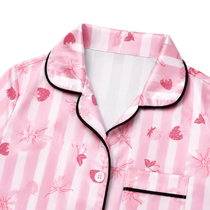 NIPAXO Girls Satin Pajamas Set Short Sleeve Button-Down Pink Stripe Strawberry Bow Print Sleepwear for Kids