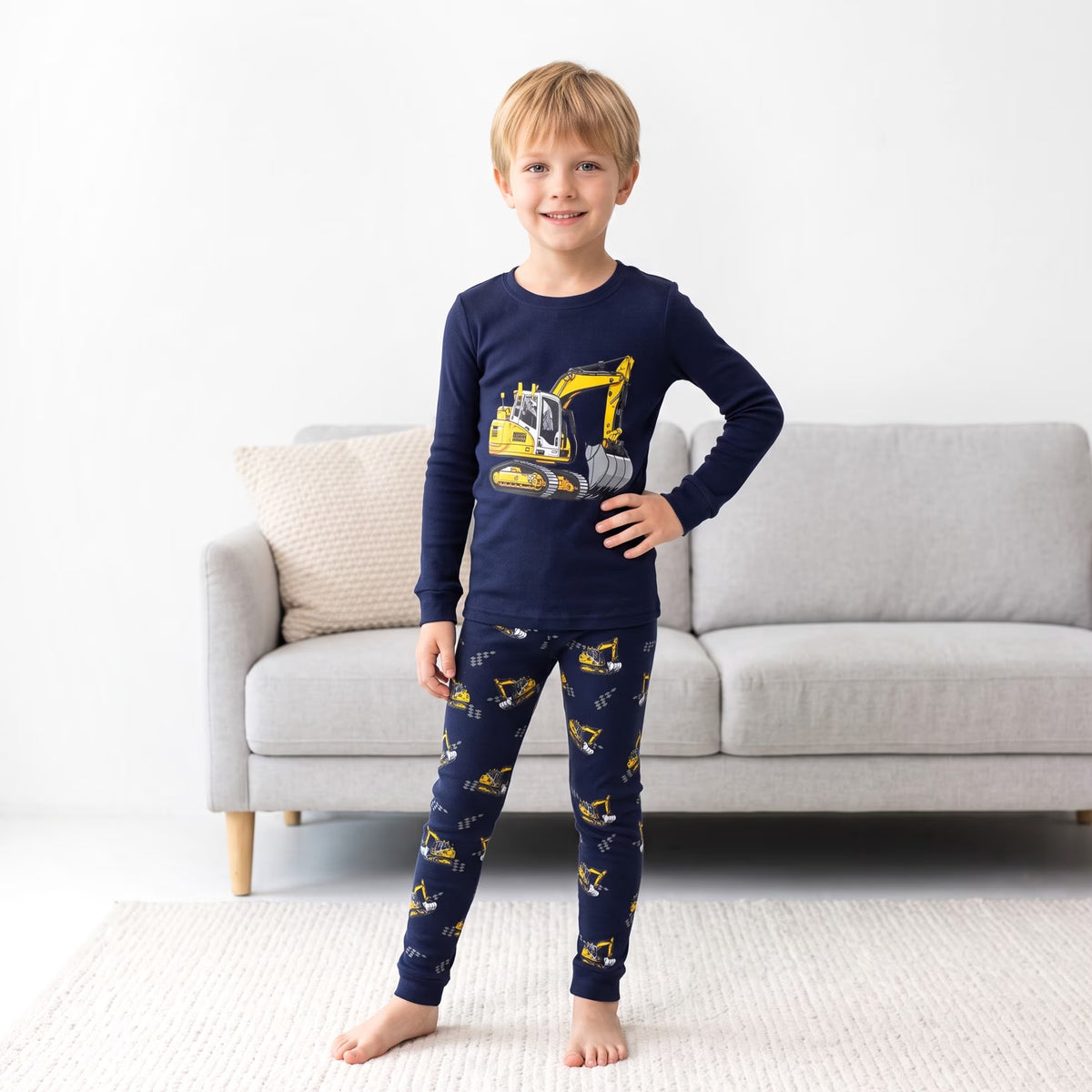 NIPAXO Toddler Boys Pajamas Set Long Sleeve Yellow Excavator Graphic Thermal Sleepwear with Ribbed Cuffs