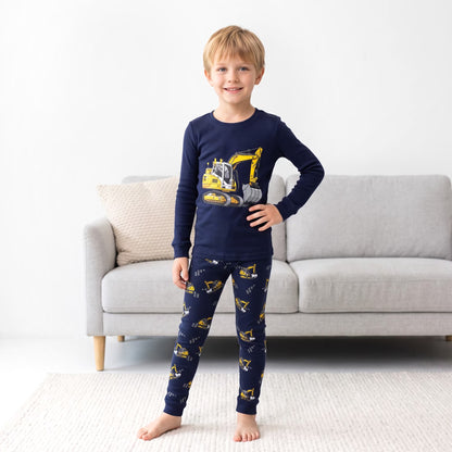 NIPAXO Toddler Boys Pajamas Set Long Sleeve Yellow Excavator Graphic Thermal Sleepwear with Ribbed Cuffs