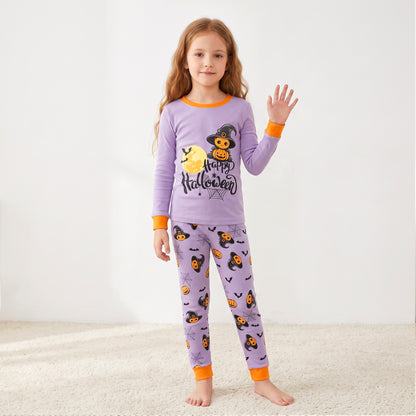 NIPAXO Halloween Girls Pajamas Set Pumpkin & Skull Graphic Long Sleeve Cotton Sleepwear for Kids